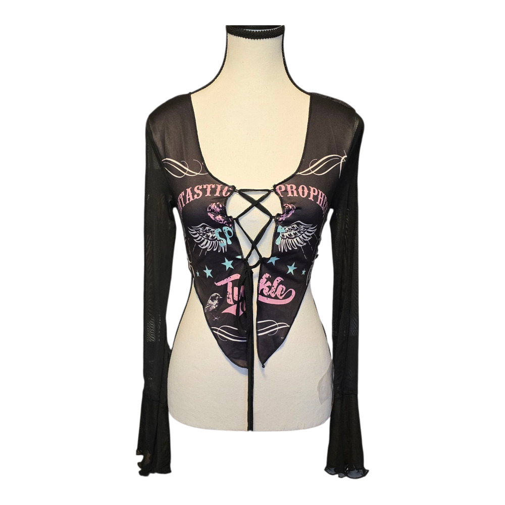 Rave Festival Top Womens Size XS Black Sheer Mesh Bell Sleeve Clubwear Goth NWT
